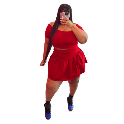 Fashion Women's New Solid Color Pleated Skirt Plus Size Two Piece Set