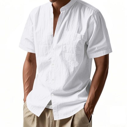 Casual Linen Open-Front Solid Color Stand-Up Collar Short Sleeve Shirt for Men Summer Loose