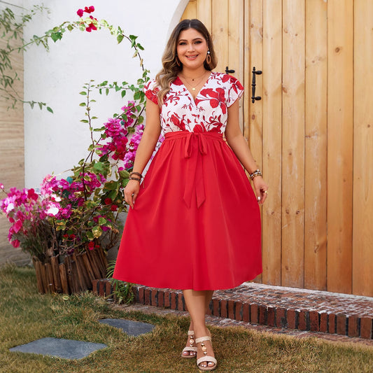Plus Size Printed Patchwork Red Short Sleeve Dress