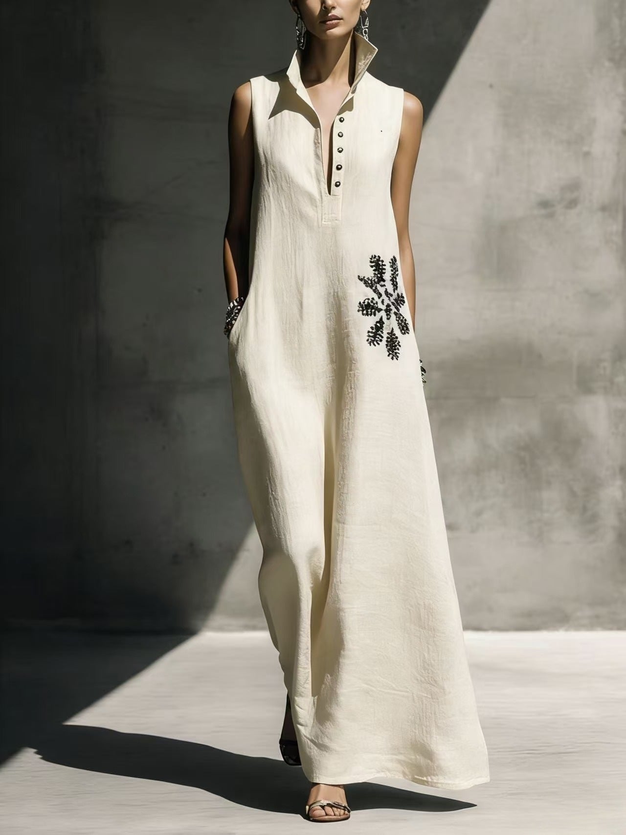 Hot stamping pocket stand collar cotton linen dress