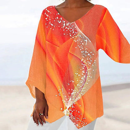Style Plus Size Women's Summer Casual Loose Irregular Print Long Sleeve V-Neck Top