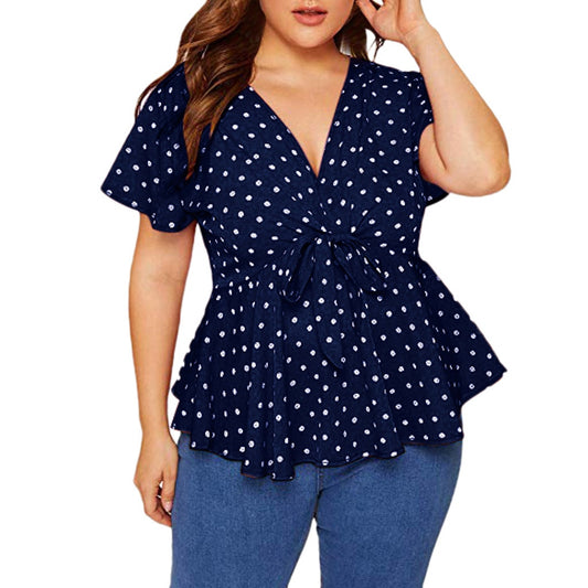 Chiffon Blouse Women's Plus Size V Neck Short Sleeve Shirt Polka Dot Knot Front Oversize Long Sleeve Top