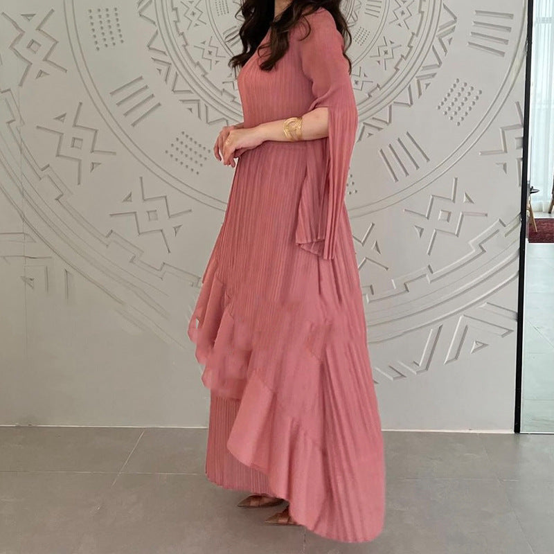 Autumn new plus size women's high-end pleated short sleeved slit solid color dress