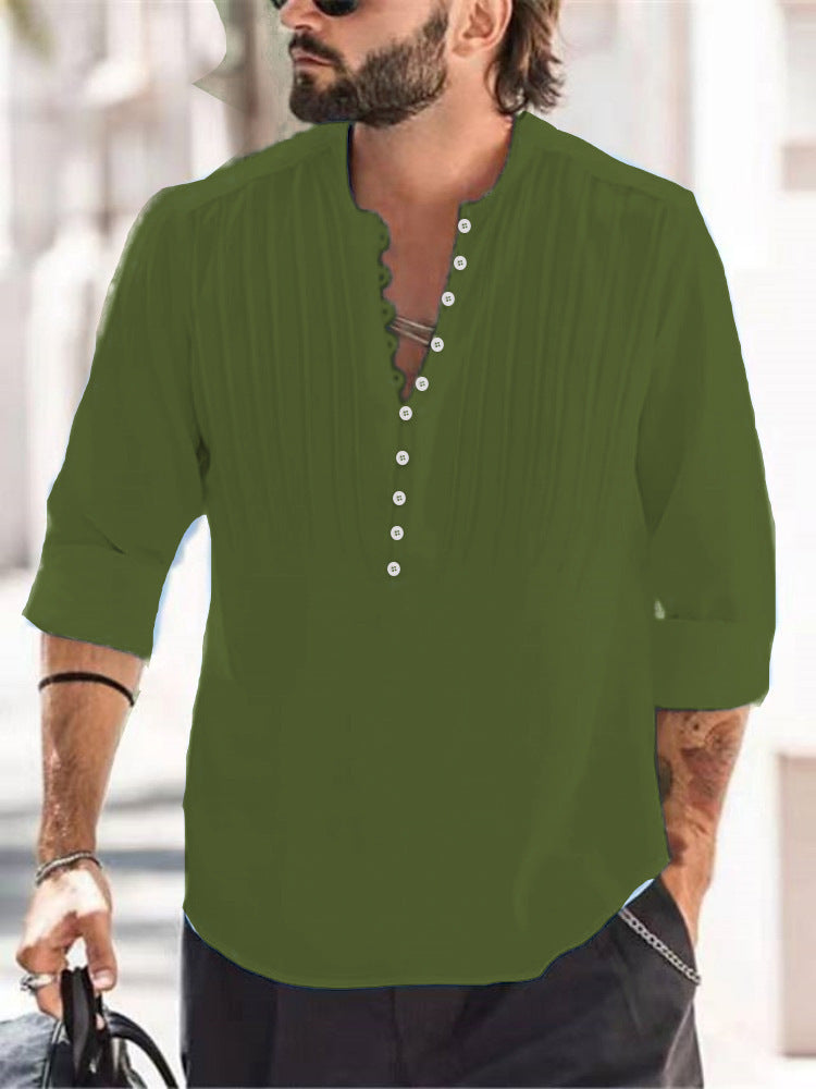 Cotton and linen pleated casual slim fit long sleeved shirt