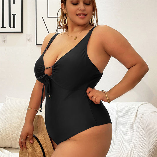 New Style Plus Fat Solid Color Straps High Waist Sexy Plus Size Bikini Swimsuit Swimwear