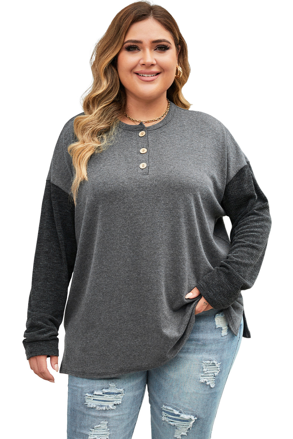 Black Plus Size Ribbed Long Sleeve Henley Top
