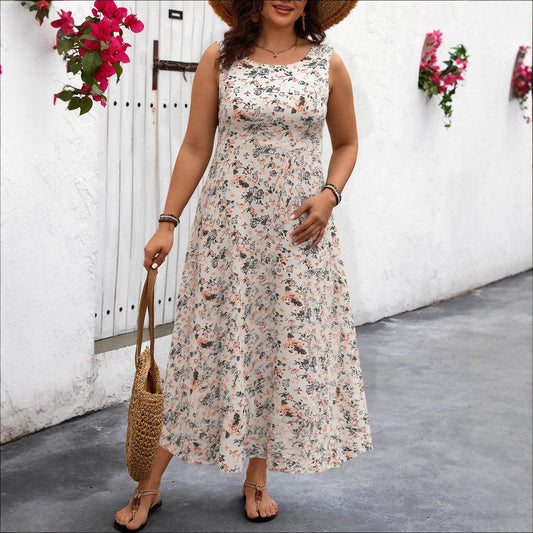 Loose Dress Style Plus Size Printed Sleeveless Strap Pocket Long Dress