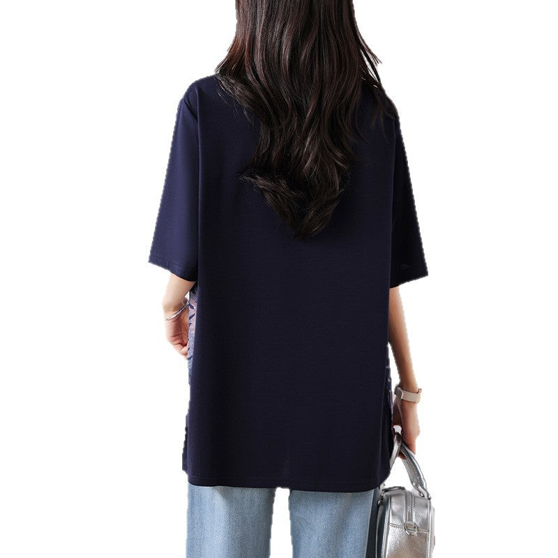 Plus Size Women's Elegant Printed Spliced T-Shirt Loose Short Sleeve Top