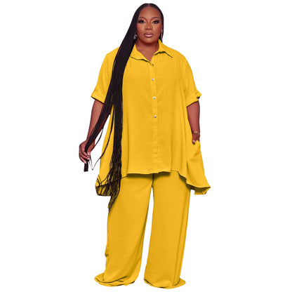 European and American fashion temperament plus size short sleeved top wide leg pants set for women