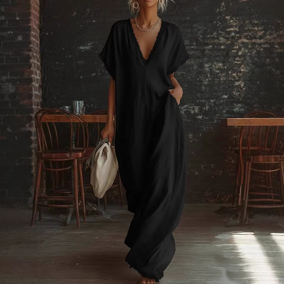 Elegant Casual Loose Linen Cotton Long Dress with Lace Trim