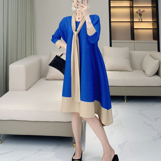 High end pleated spring and summer new A-line dress for women, loose fit, fat, mm, flesh blocking, plus size, mother's wedding dress