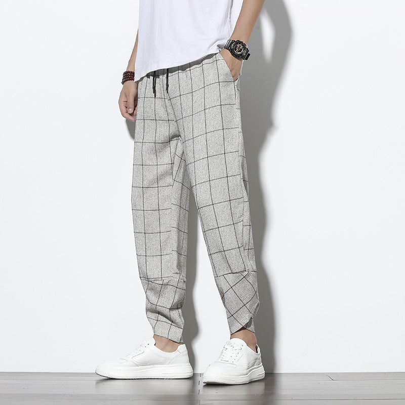 Plaid Cotton Linen Nine-Quarter Pants Men Loose Large Size Trendy Casual Cuffed Trousers