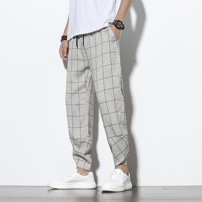 Plaid Cotton Linen Nine-Quarter Pants Men Loose Large Size Trendy Casual Cuffed Trousers