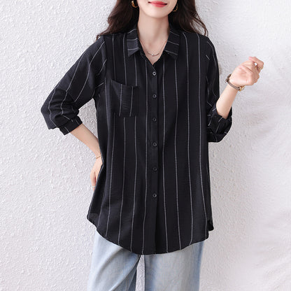 Plus Size New Striped Mid-Length Loose  Version Long Sleeve Slimming Fashion Top for Women