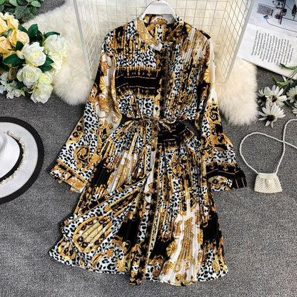 Geometric Picture Print Totem Shirt Lapel Waist Tie Pleated Loose Plus Size Lazy Dress
