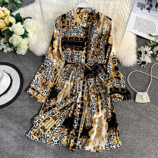 Geometric Picture Print Totem Shirt Lapel Waist Tie Pleated Loose Plus Size Lazy Dress