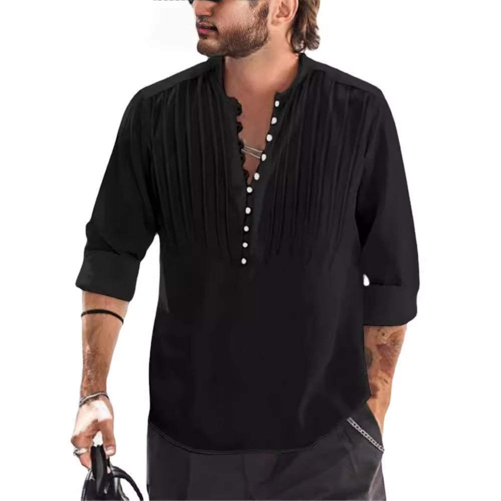 Cotton and linen pleated casual slim fit long sleeved shirt