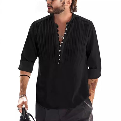 Cotton and linen pleated casual slim fit long sleeved shirt