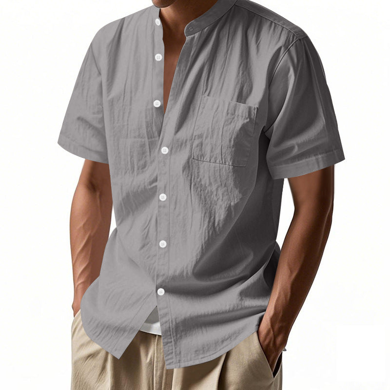 Casual Linen Open-Front Solid Color Stand-Up Collar Short Sleeve Shirt for Men Summer Loose