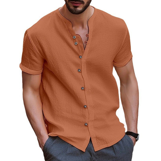 Retro button cotton linen casual short sleeved shirt