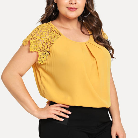 Womens Plus Size Lace Blouse Summer Casual Short Sleeve O-neck Solid Floral Lace Shoulder Tee Shirt Tops Summer Loose Blouse