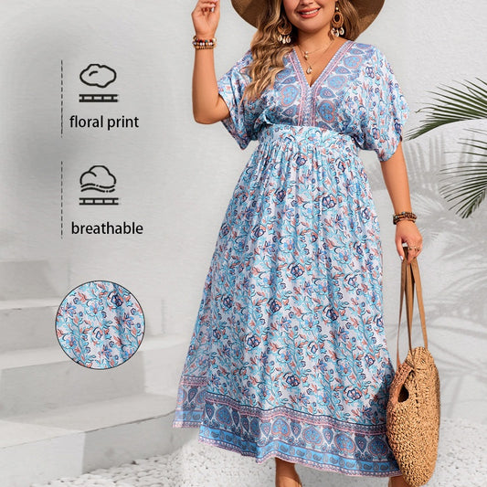 Loose Plus Size Dress with Print Short Sleeve V-Neck Long Dress