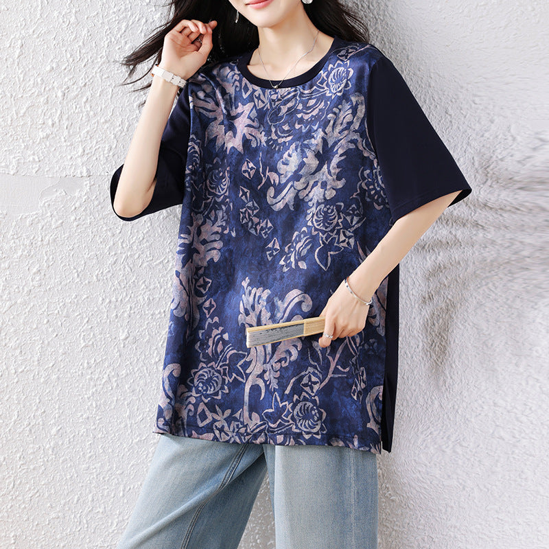 Plus Size Women's Elegant Printed Spliced T-Shirt Loose Short Sleeve Top
