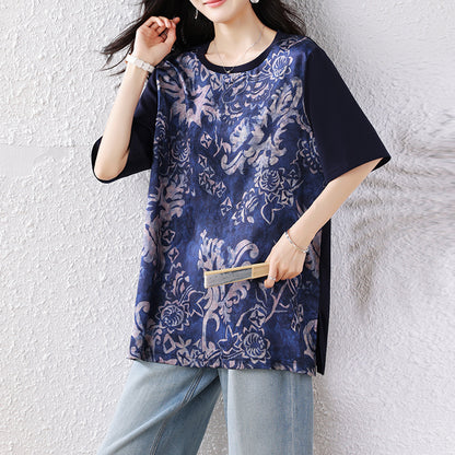 Plus Size Women's Elegant Printed Spliced T-Shirt Loose Short Sleeve Top