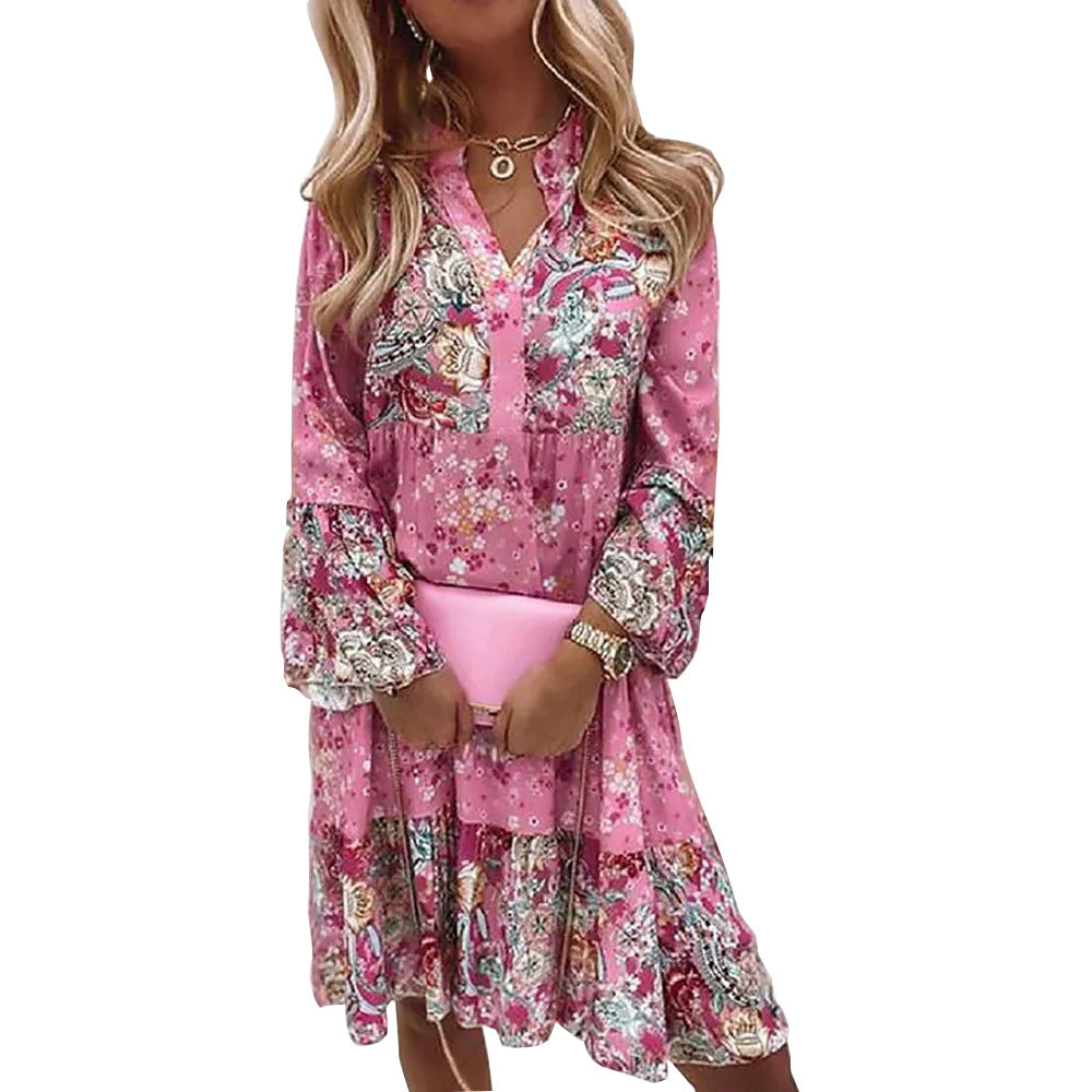 Nature-inspired Women's Plus Size Dress, V-Neck Printed Flared Sleeve Dress