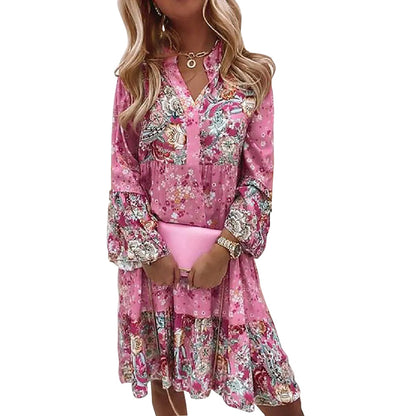 Nature-inspired Women's Plus Size Dress, V-Neck Printed Flared Sleeve Dress