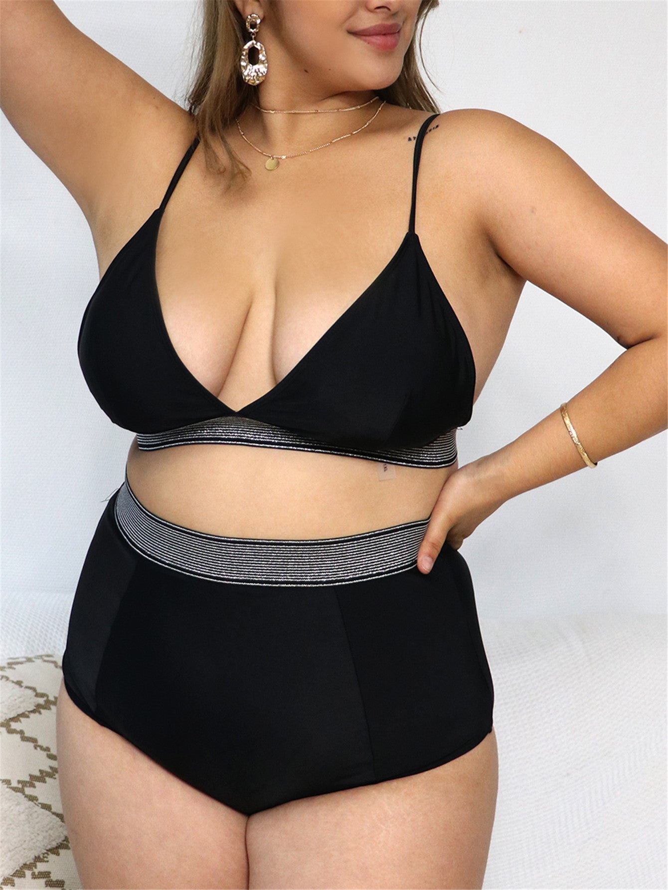 New Solid Color High Waist Plus Size Bikini Sexy Fat Woman Swimsuit Swimwear