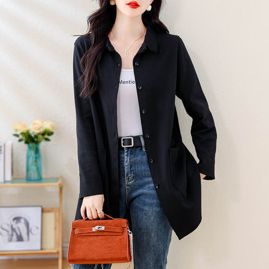 Women's Autumn Mid-Length Shirt Loose Plus Size Belly-Covering Top Black Jacket