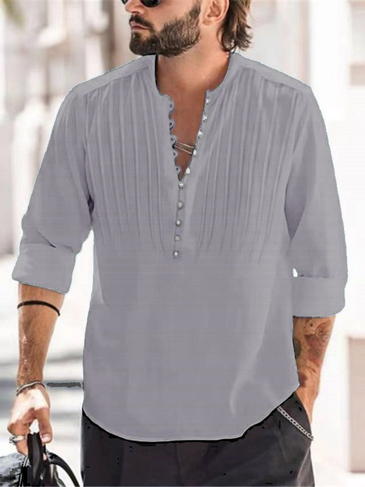 Cotton and linen pleated casual slim fit long sleeved shirt