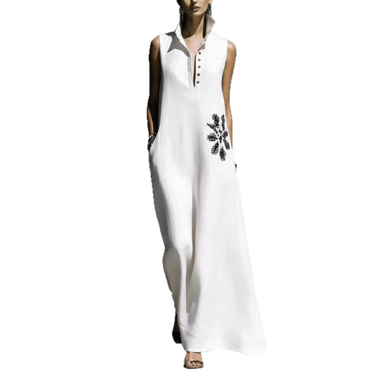 Hot stamping pocket stand collar cotton linen dress