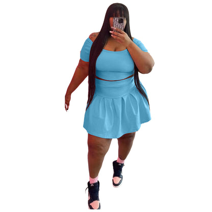 Fashion Women's New Solid Color Pleated Skirt Plus Size Two Piece Set