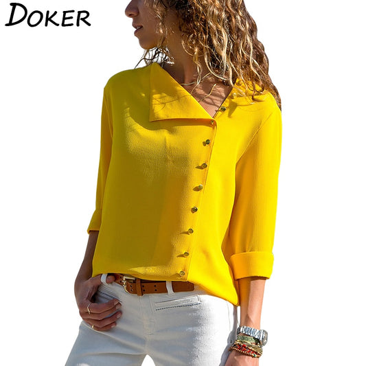 Women Plus Size Elegent Work Wear Shirt Tops And Blouses Fashion Long Sleeve Skew Collar Chiffon Blouse Casual Tops
