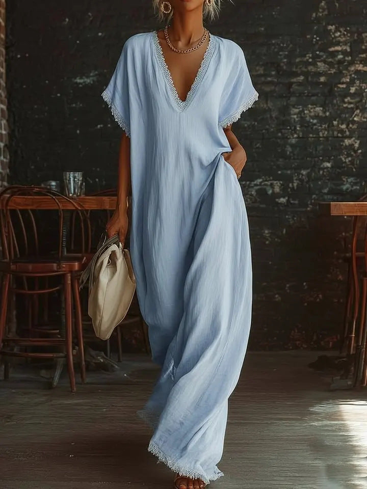Elegant Casual Loose Linen Cotton Long Dress with Lace Trim