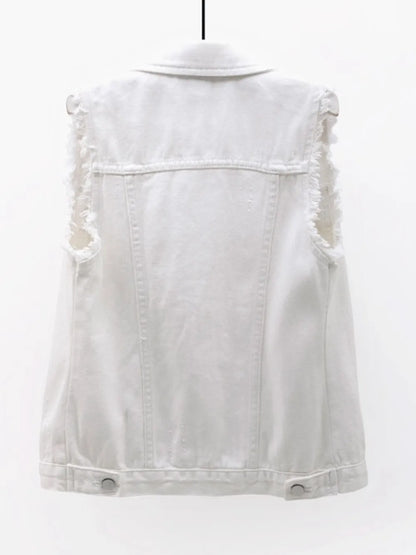 Button Down Raw Hem Sleeveless Denim Jacket Plus Size