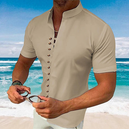 Retro Cotton Linen Casual Loose Short Sleeve Henley Shirt for Men