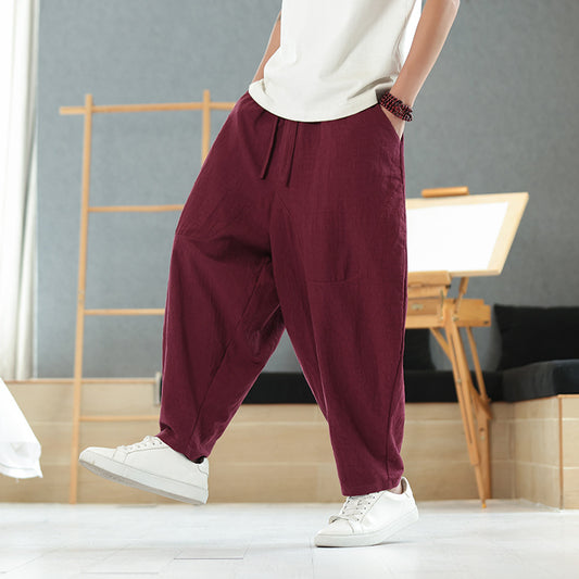 Jacquard Cotton Linen Trousers Loose Straight Leg Long Pants