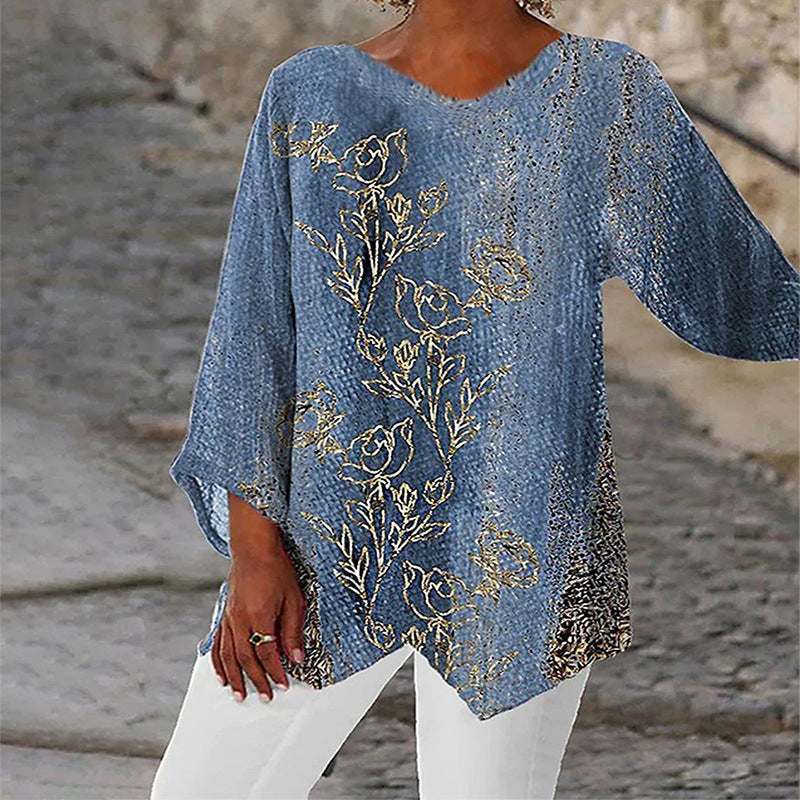 Style Plus Size Women's Summer Casual Loose Irregular Print Long Sleeve V-Neck Top