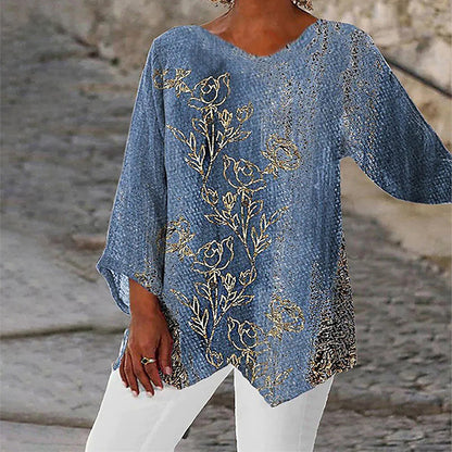 Style Plus Size Women's Summer Casual Loose Irregular Print Long Sleeve V-Neck Top