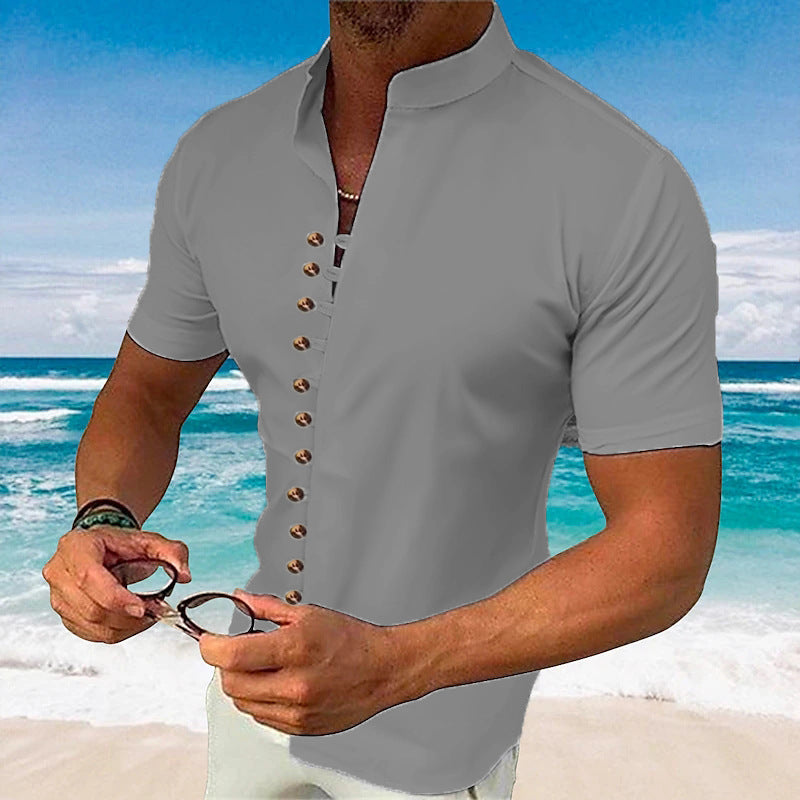 Retro Cotton Linen Casual Loose Short Sleeve Henley Shirt for Men