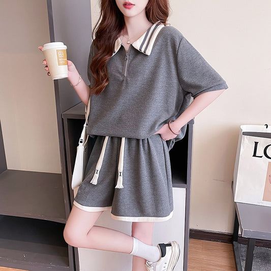 Waffle Knit Casual Set Women's Half-Zip Solid Color Polo Collar Sports Student Plus Size Clothing
