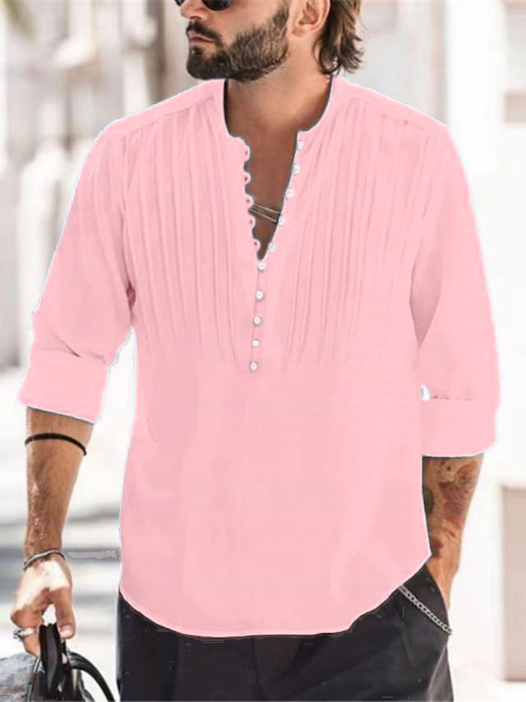 Cotton and linen pleated casual slim fit long sleeved shirt