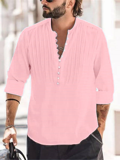 Cotton and linen pleated casual slim fit long sleeved shirt