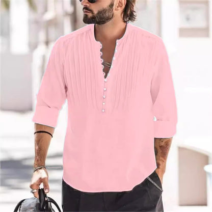 Cotton and linen pleated casual slim fit long sleeved shirt