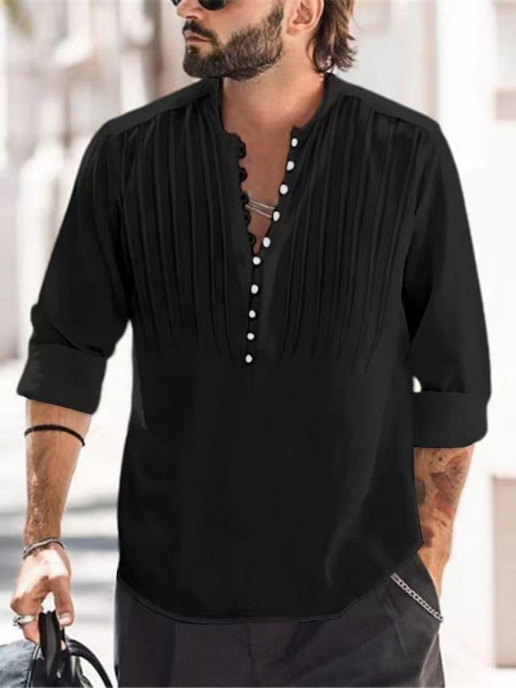 Cotton and linen pleated casual slim fit long sleeved shirt