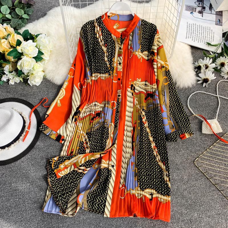 Geometric Picture Print Totem Shirt Lapel Waist Tie Pleated Loose Plus Size Lazy Dress