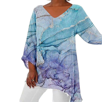 Style Plus Size Women's Summer Casual Loose Irregular Print Long Sleeve V-Neck Top